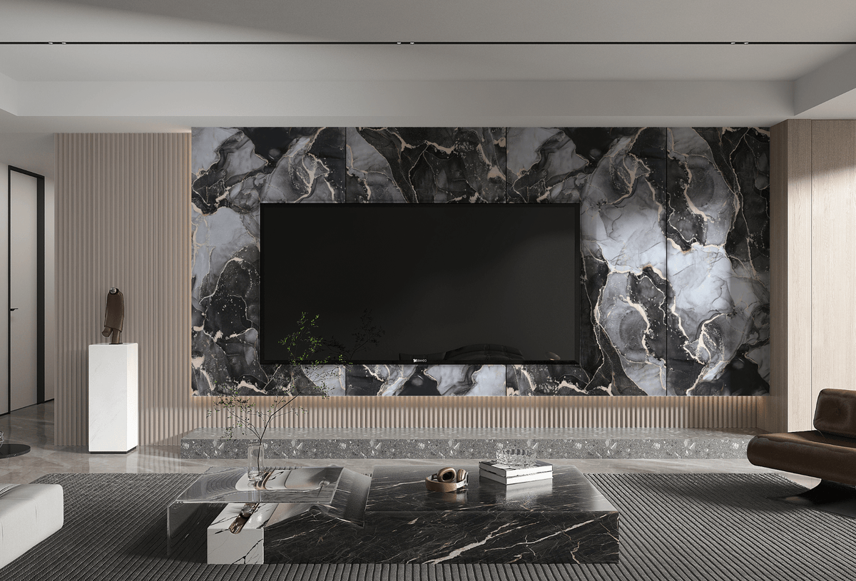 Golden Onyx PVC marble sheet feature wall with black, gray and gold veining behind a mounted TV