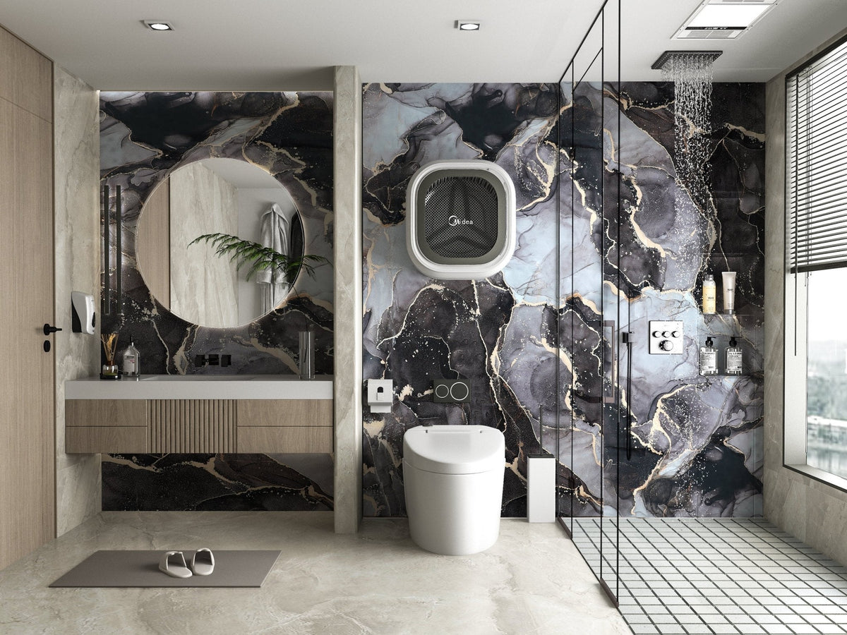 Modern bathroom with Golden Onyx PVC marble sheets installed around the vanity, toilet and glass shower