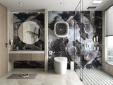 Modern bathroom with Golden Onyx PVC marble sheets installed around the vanity, toilet and glass shower