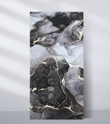 Golden Onyx 3D PVC marble sheet with layered black, gray and white pattern and gold veining