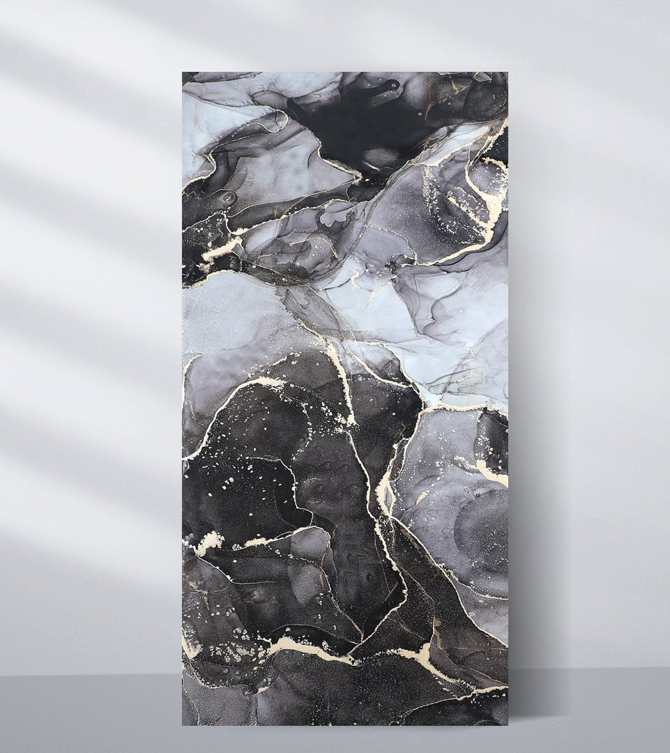 Golden Onyx 3D PVC marble sheet with layered black, gray and white pattern and gold veining