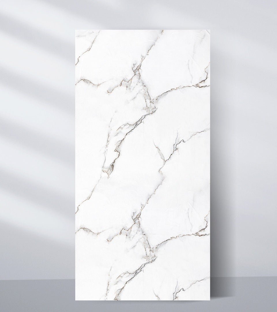 White PVC marble sheet sample with delicate gray and beige fractured veins