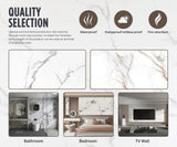 PVC marble sheets feature infographic with white marble patterns and bathroom, bedroom and TV wall applications