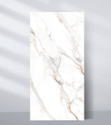White PVC marble sheet sample with soft gray and warm rust-colored marble veins