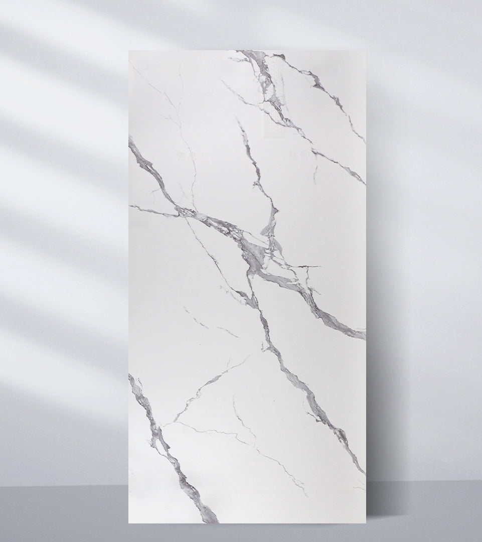 White PVC marble sheet sample with long branching gray veins