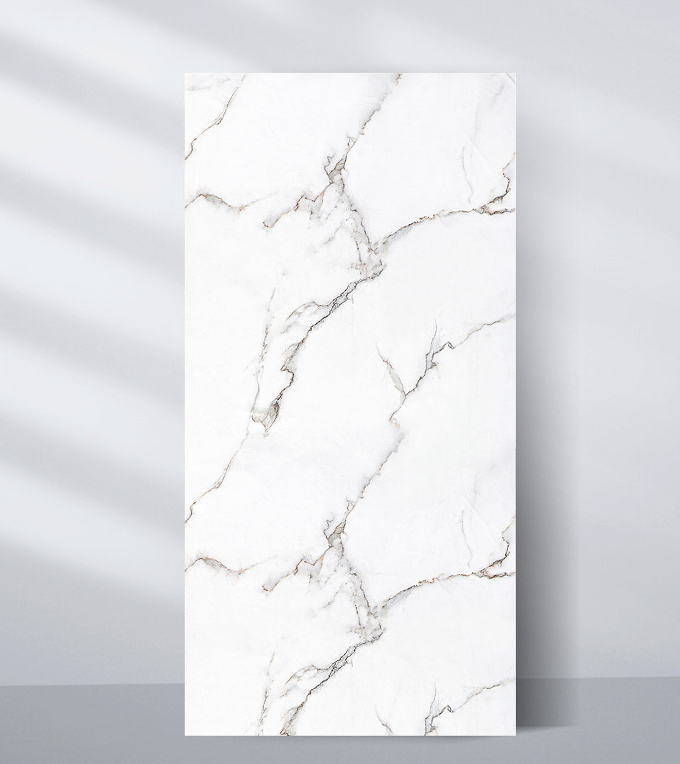 Calacatta White Marble PVC Wall Panel, 4 x 8 ft, with fine gray and gold veining