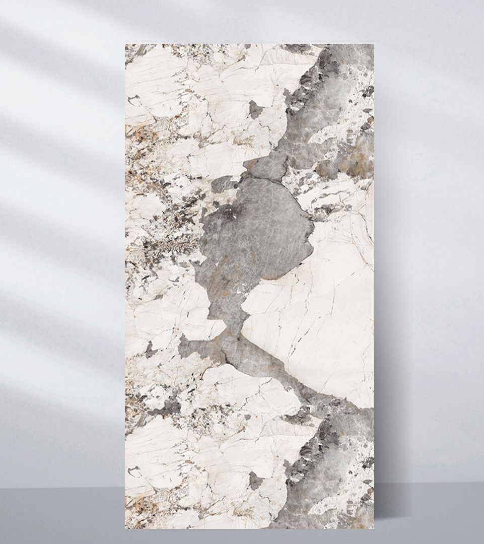 Wall panel sample with an abstract white, gray, and beige stone pattern