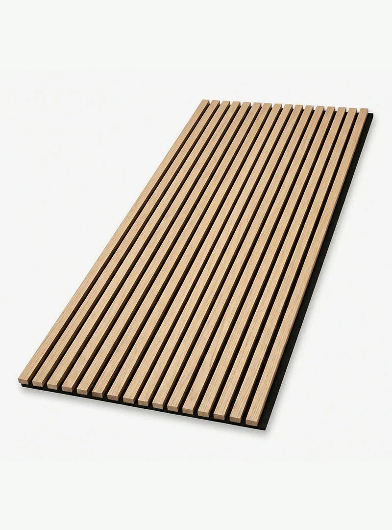 Warm tan wood slat acoustic panel sample with slim parallel slats