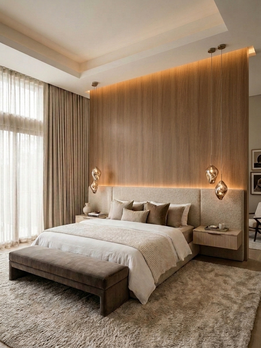 Royal Oak wood veneer paneling with vertical grain on a warmly lit modern bedroom feature wall
