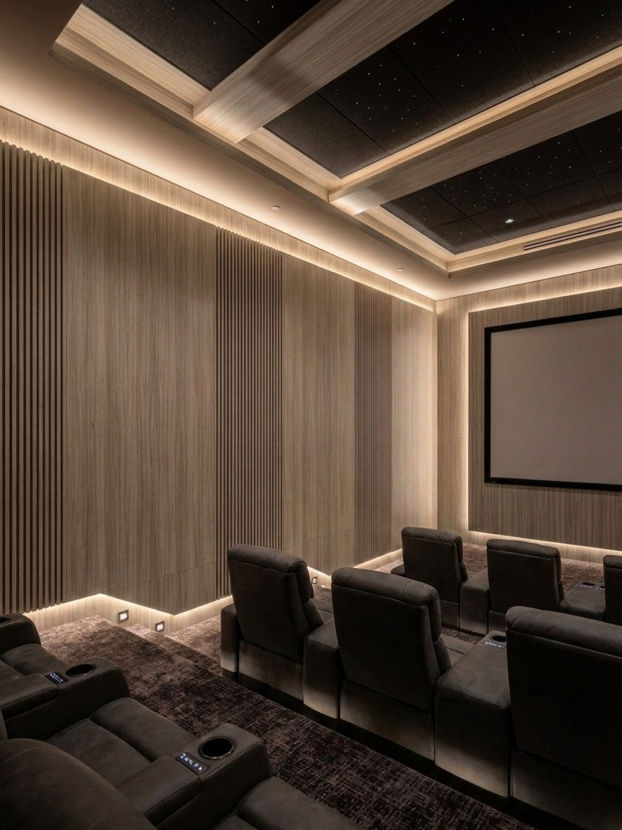 Royal Oak wood veneer panels covering a vertically fluted home theater wall with warm accent lighting and reclining seats