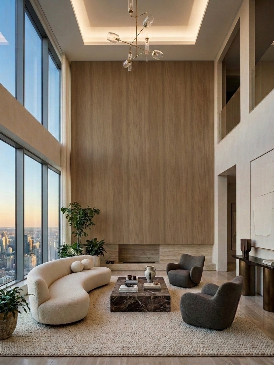 Royal Oak wood veneer panel feature wall in a double-height living room with large city-view windows