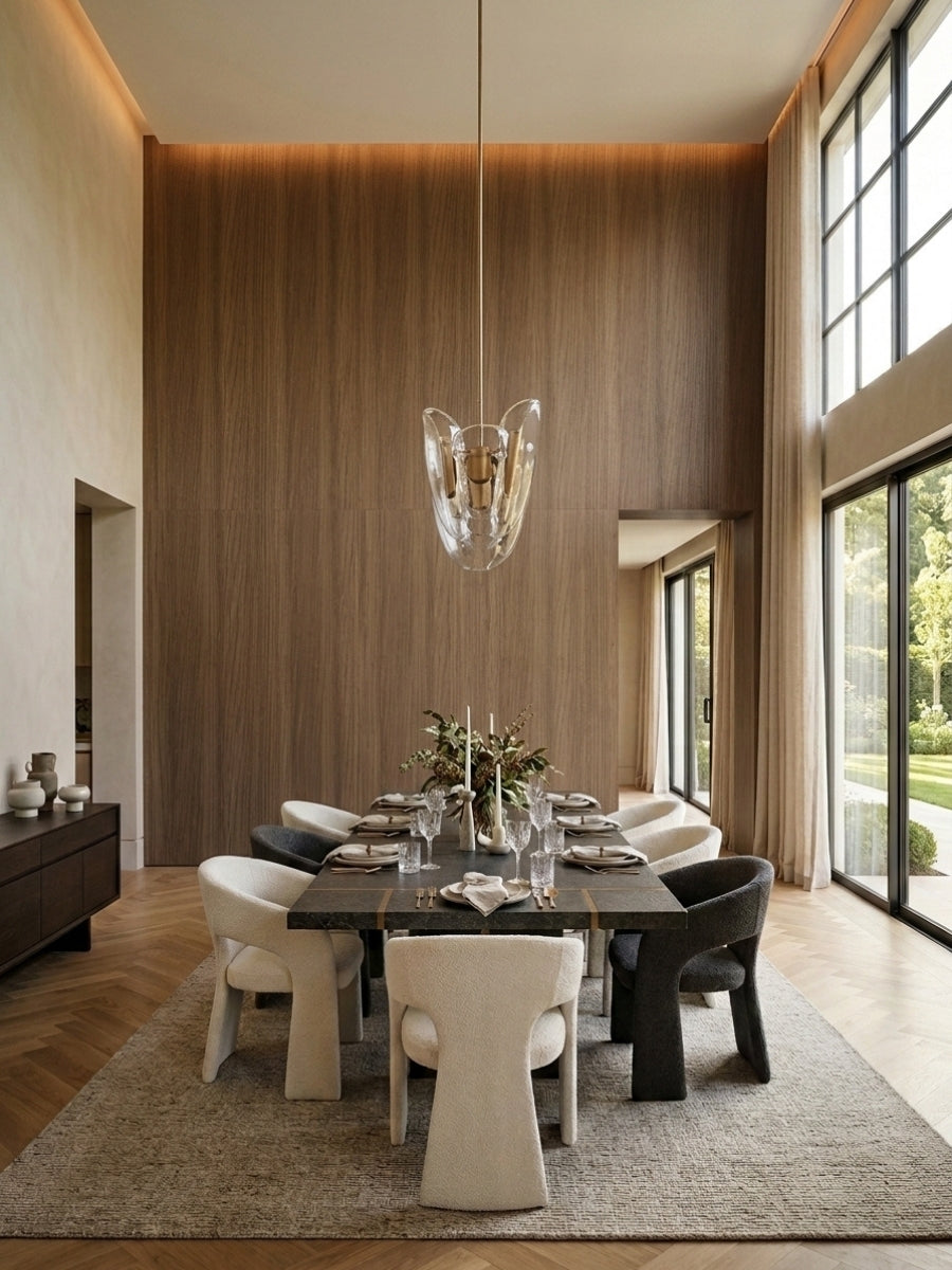Vertically grained Royal Oak wood veneer panels covering a tall dining room accent wall