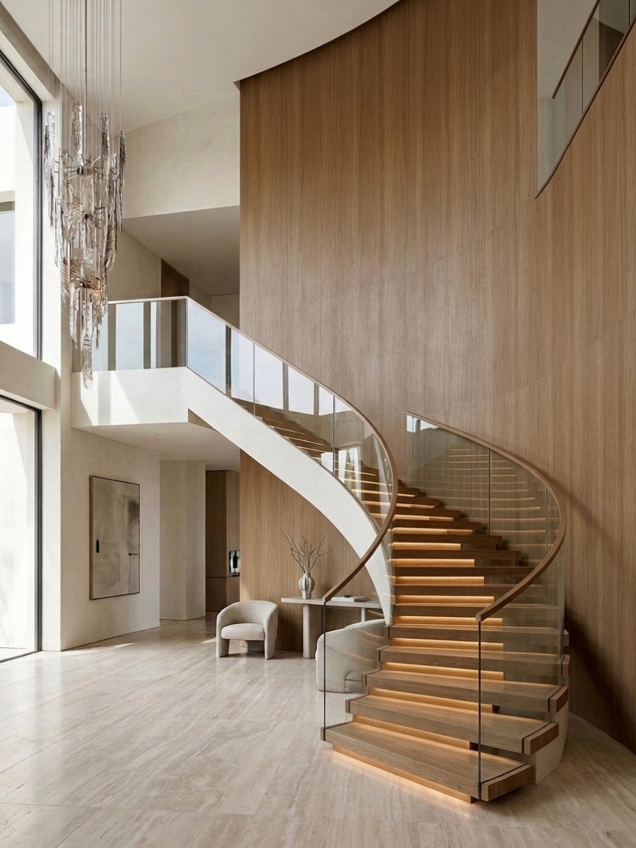Royal Oak wood veneer paneling along a curved staircase wall in a bright contemporary foyer