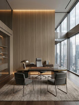 Royal Oak wood veneer panels forming a floor-to-ceiling feature wall in a modern executive office
