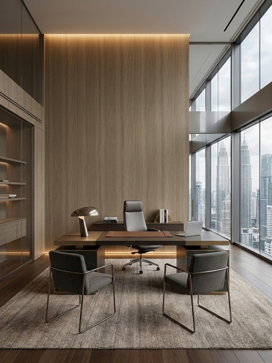 Royal Oak wood veneer panels forming a floor-to-ceiling feature wall in a modern executive office