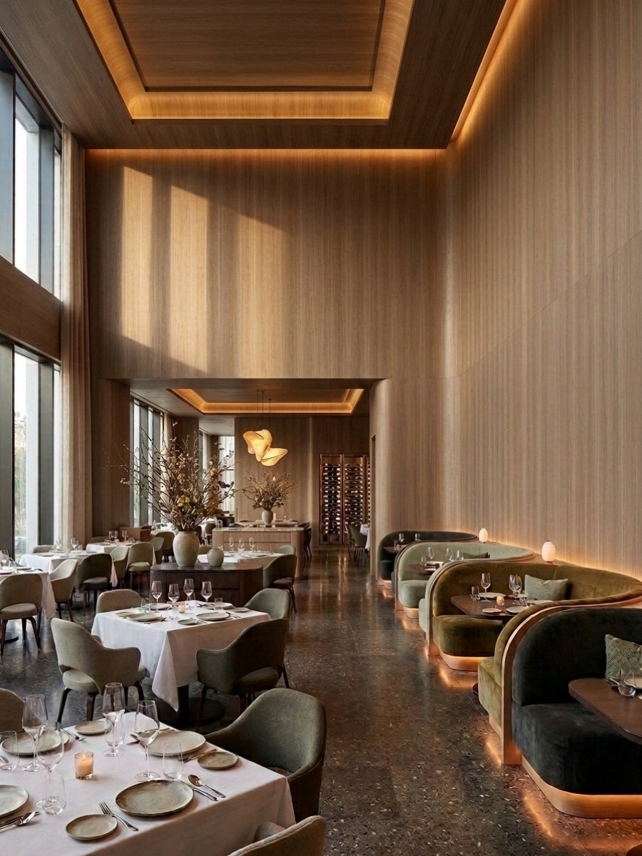 Royal Oak wood veneer wall and ceiling paneling with warm lighting in an elegant restaurant interior