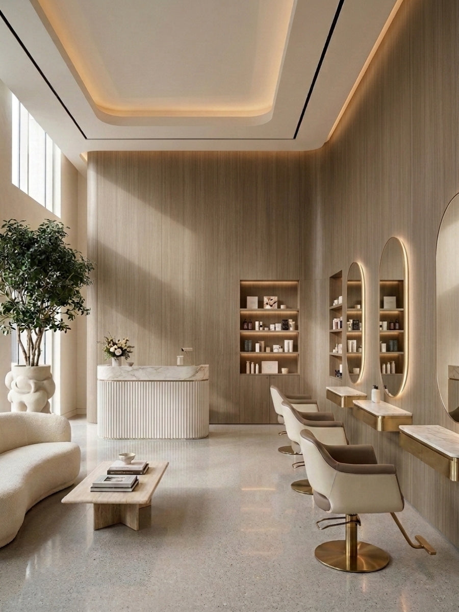 Royal Oak wood veneer panels on tall walls in a modern salon with arched mirrors and styling chairs