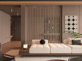 Light Royal Oak bamboo veneer slat panel forming a decorative divider in a modern lounge interior