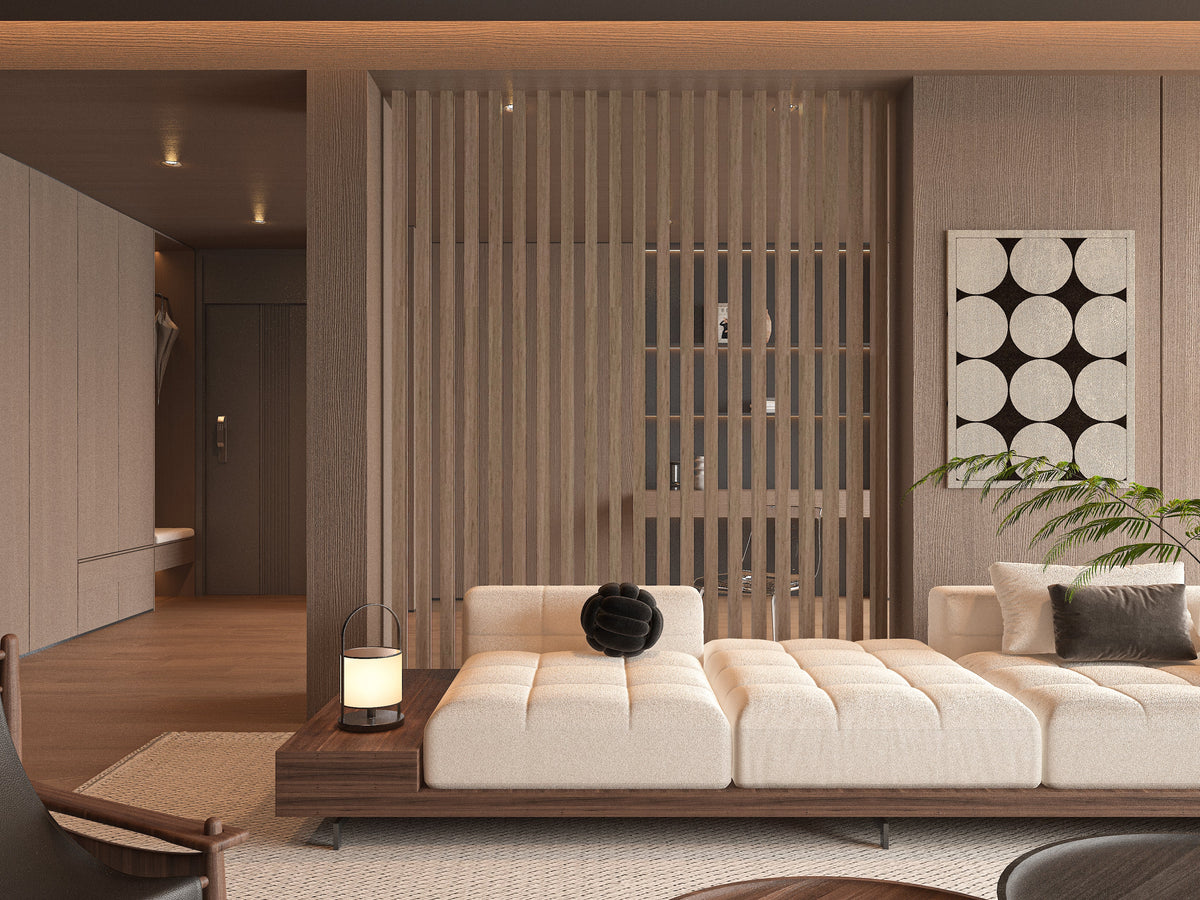 Light Royal Oak bamboo veneer slat panel forming a decorative divider in a modern lounge interior