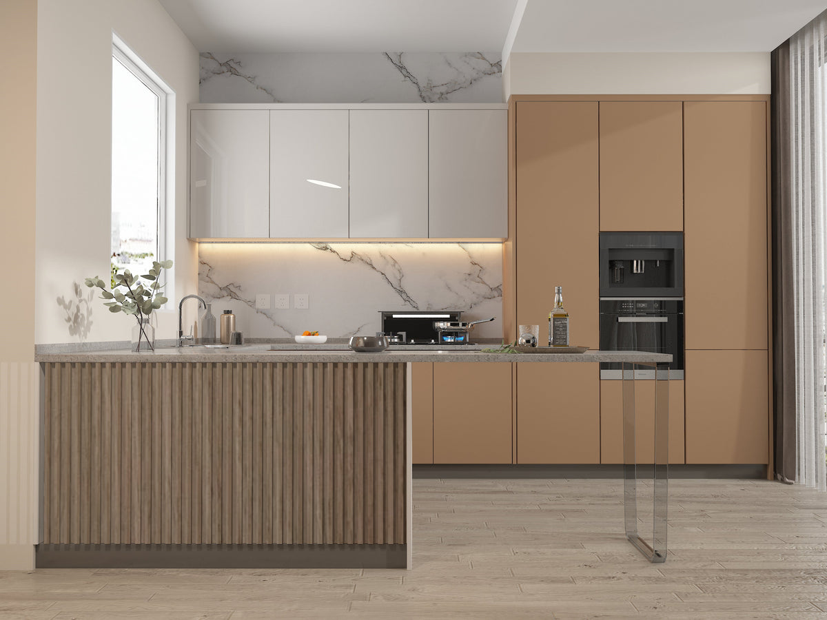 Royal Oak bamboo veneer fluted panel applied to a contemporary kitchen island front