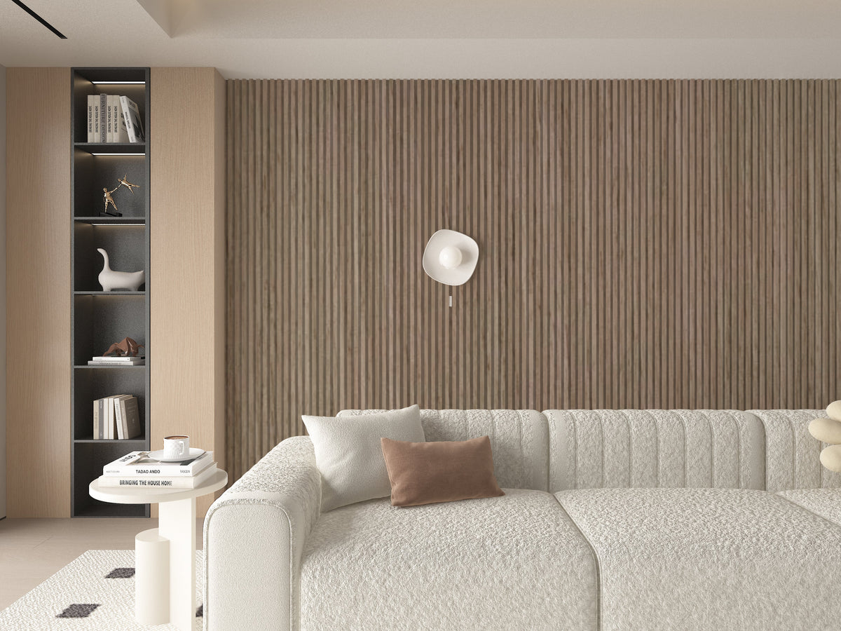 Royal Oak bamboo veneer fluted panel installed as a full-height accent wall behind a curved sofa