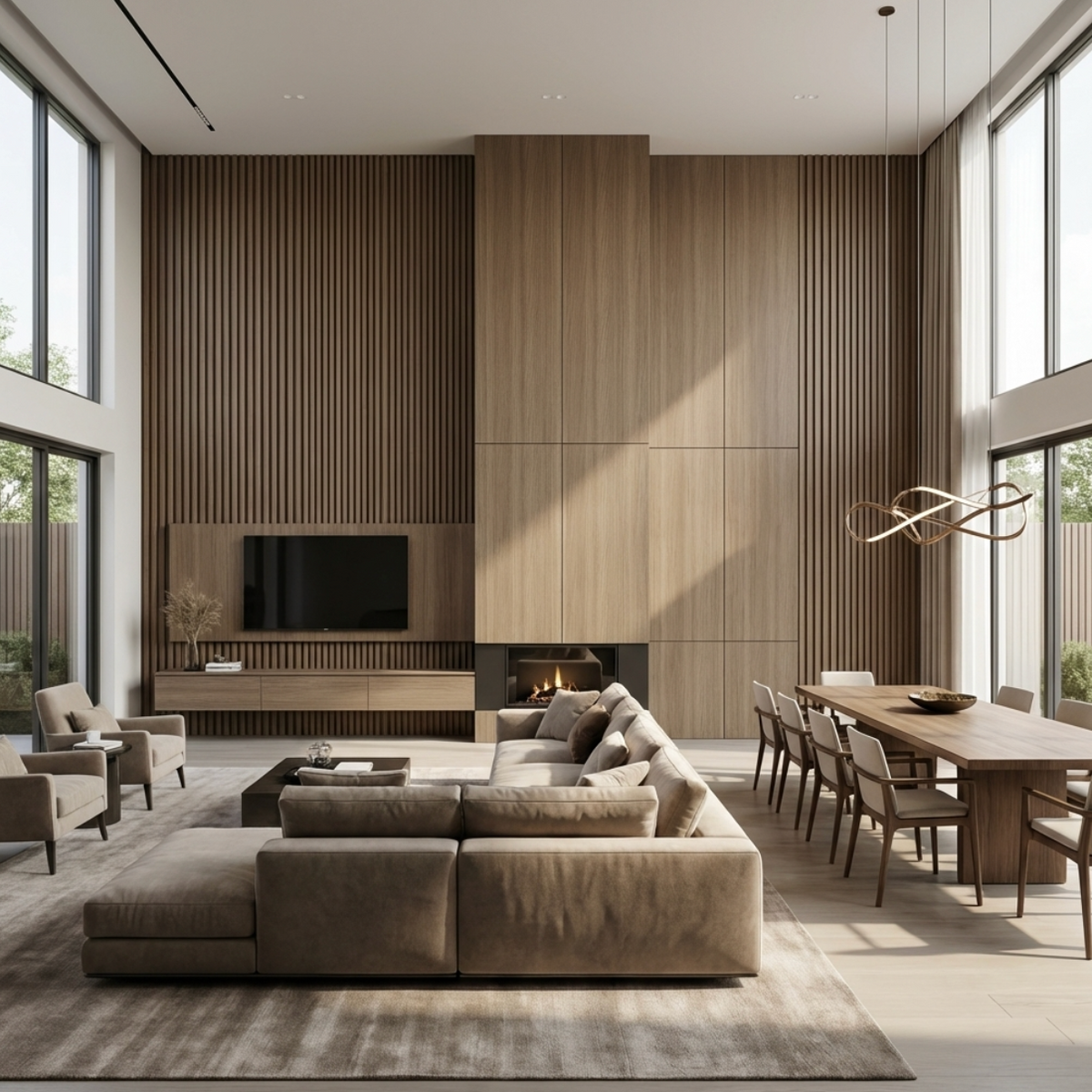 Floor-to-ceiling Royal Oak veneer and fluted wall panels in a living room with TV and fireplace