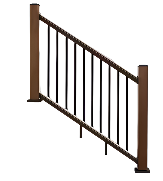 Brown wooden handrails with black metal balusters on a modern staircase