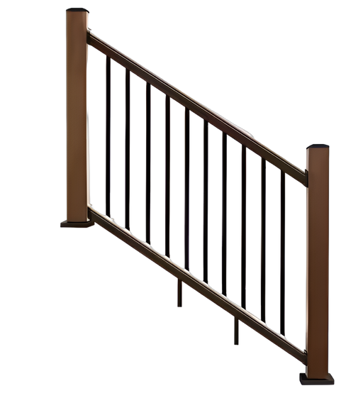 Brown wooden handrails with black metal balusters on a modern staircase