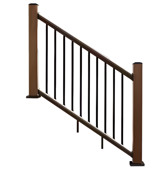 Brown wooden handrails with black metal balusters on a modern staircase