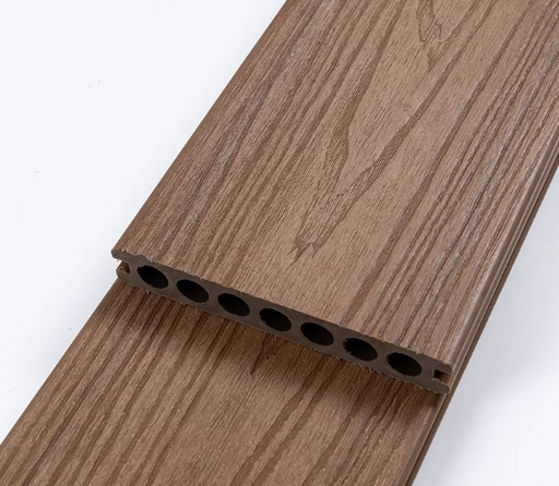 Brown wood-grain composite deck board with hollow core