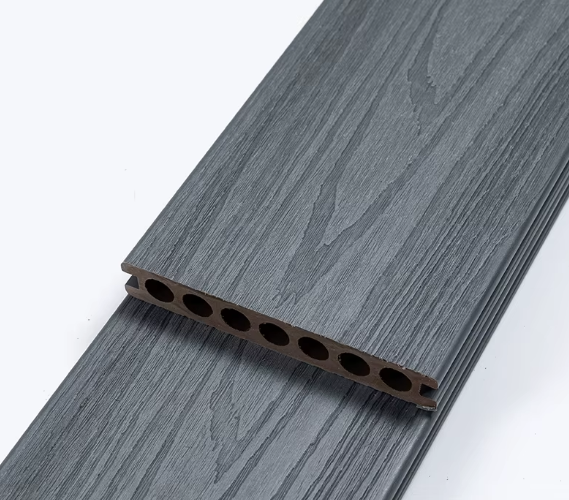 Dark gray composite deck board with wood grain texture