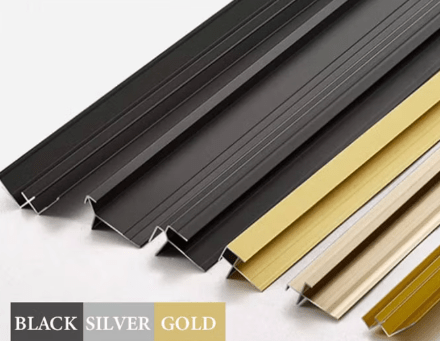 Assorted black, gold, and silver aluminum wall panel trim profiles