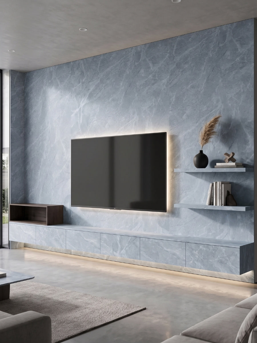 Modern TV wall clad in Serene Stone Marble blue-gray PVC panels with matching low cabinetry
