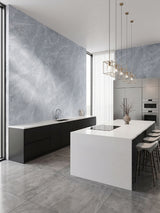Serene Stone Marble PVC wall panels creating blue-gray marble accent walls in a modern kitchen