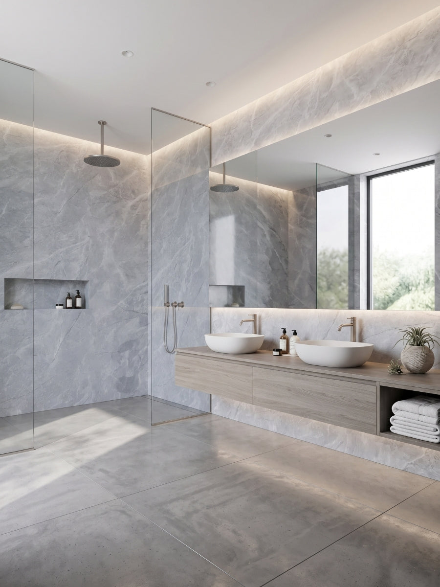 Blue-gray Serene Stone Marble wall panels installed in a modern bathroom with walk-in shower and double vanity