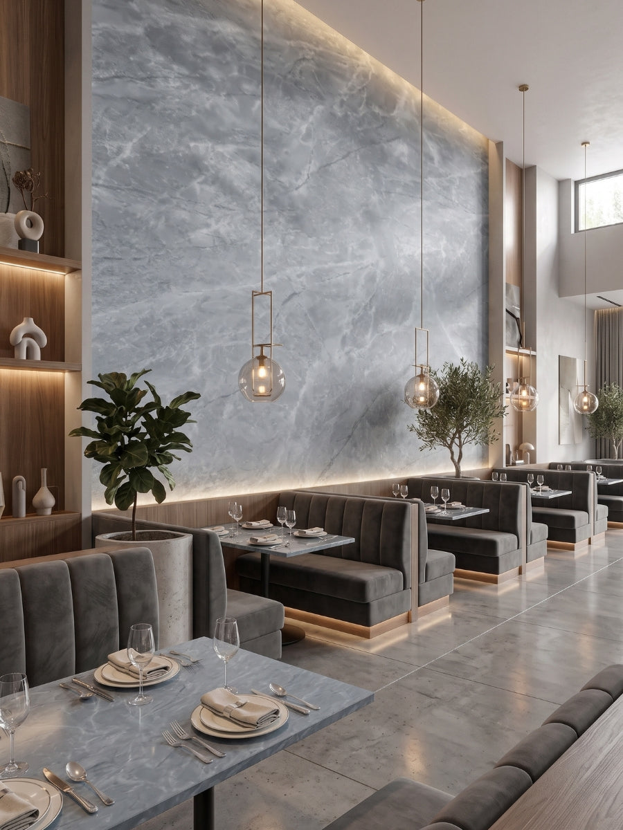 Serene Stone Marble blue-gray wall panels forming a large illuminated accent wall in a contemporary restaurant