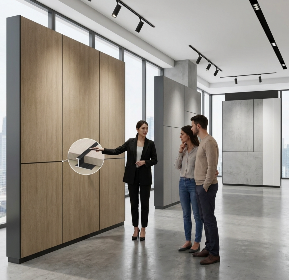 Showroom wall panel display with seamless H trim detail highlighted as three people view the installation