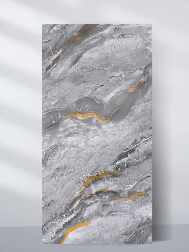 Gray PVC marble sheet sample with layered stone texture and gold accent veins