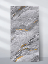 Gray PVC marble sheet sample with layered stone texture and gold accent veins