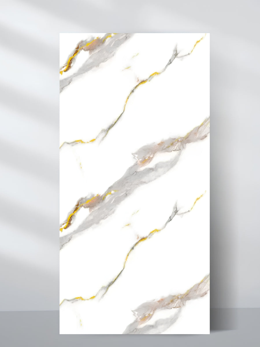 Silver Stream PVC marble sheet with a white surface and flowing gray and gold veining