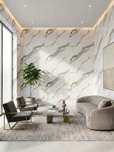 Living room walls clad in Silver Stream white PVC marble sheets with gray and gold veining