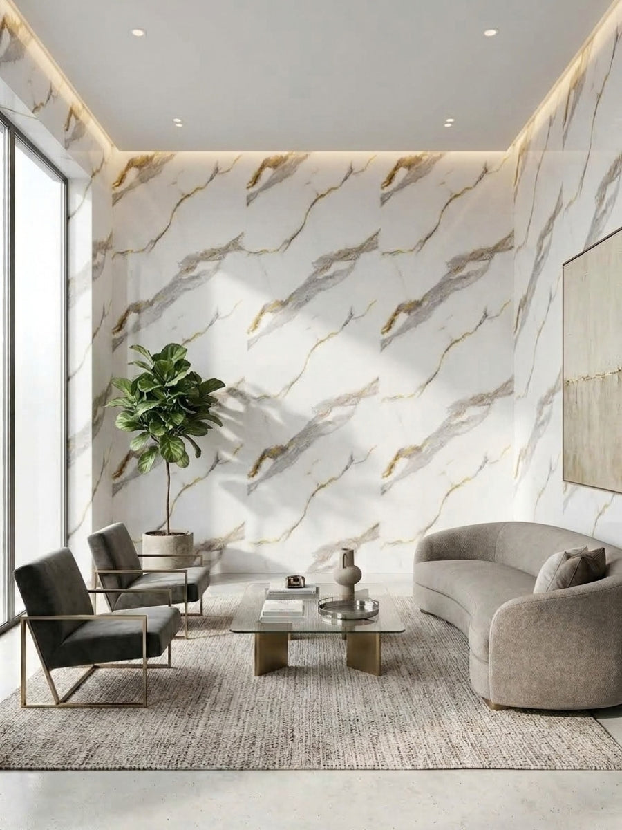 Living room walls clad in Silver Stream white PVC marble sheets with gray and gold veining