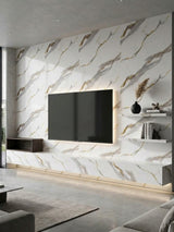 Silver Stream PVC marble sheets installed on a modern TV feature wall with floating shelves