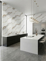 Modern kitchen with Silver Stream PVC marble sheets covering the backsplash and accent walls