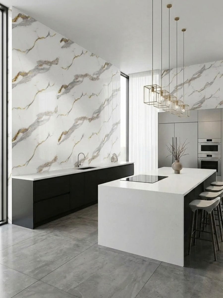 Modern kitchen with Silver Stream PVC marble sheets covering the backsplash and accent walls