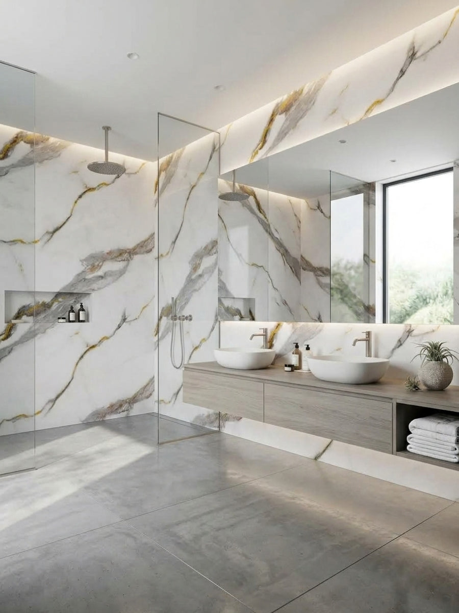 Bathroom and walk-in shower clad in waterproof Silver Stream PVC marble sheets with gray and gold veins