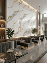 Restaurant feature wall finished with Silver Stream PVC marble sheets and warm accent lighting