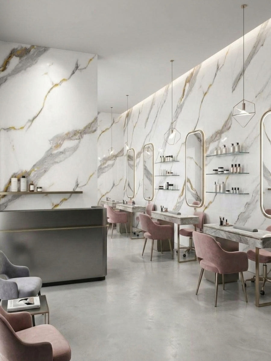 Salon interior featuring Silver Stream PVC marble sheet walls behind mirrors and styling stations