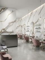 Salon interior featuring Silver Stream PVC marble sheet walls behind mirrors and styling stations
