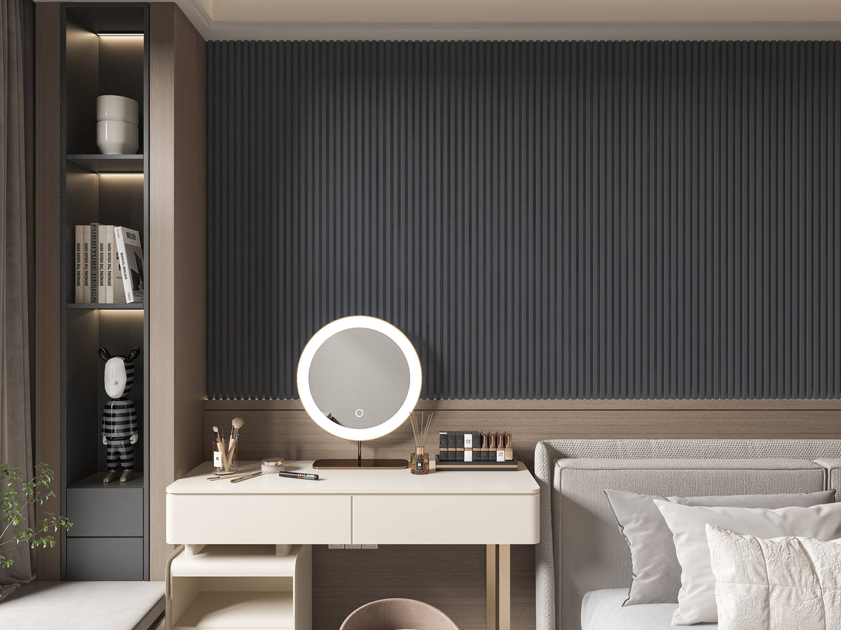 Silver gray metallic WPC fluted 3D wall panels installed behind a bedroom vanity and bed